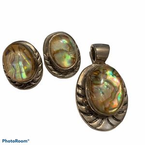 Alpaca Silver Abalone Pierced Earrings Pendant Set